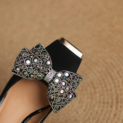 metal square head sheep suede colored bow elastic high Heels