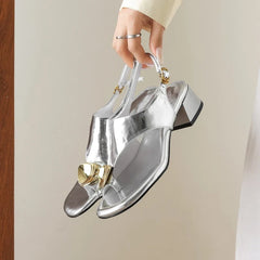 Leather Cowhide Round Toe Rhinestone Clip Toe Loose Grip Open Toe Mid Heel