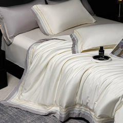 Luxury 600TC Long Staple Cotton Bedding Set, Cream White with Grey Embroidery Border, Soft Duvet Cover Flat Sheet Pillowcases