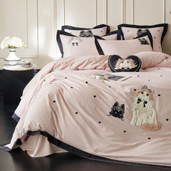 Pink Cute Cat Embroidery Black Wide Edge Luxury Bedding Set