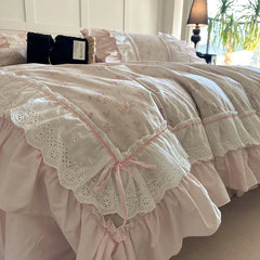 Pink Floral Double Layer Lace Ruffles 100% Cotton Bedding Set