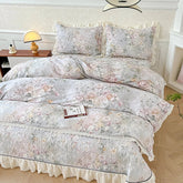 Korean Princess Style Floral Print Lace Ruffles Bedding Set