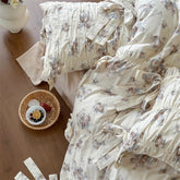 French Country Vintage Floral 100% Cotton Bedding Set, Ruched Bow Tie Duvet Cover, Shabby Chic Ruffle Bed Linen with Pillowcases