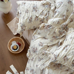 French Country Vintage Floral 100% Cotton Bedding Set, Ruched Bow Tie Duvet Cover, Shabby Chic Ruffle Bed Linen with Pillowcases