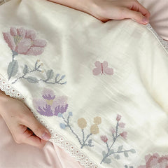 Pink Flowers Embroidery Lace Bedding Set