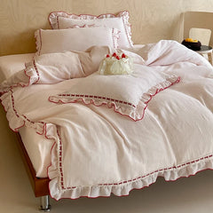 100% Cotton Double Yarn Bedding Set, Soft Ruffle Duvet Cover with Pillowcases, Queen King Size Pink Bed Linen for Girls Bedroom