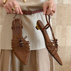leather cowhide bead weaving hollow breathable elastic buckle mid Heel