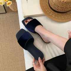 Vintage Velvet Square Toe Women Flats Slippers Concise Lightweight Slip On Slides Outdoor Daily Walking Vacation Dress Shoes