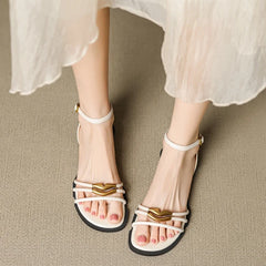 Leather Cowhide Metal Accessories with Elastic Buckle Round Toe Open Toe Shoes