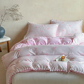 Cute Pink Bow Print Duvet Cover Set Soft Skin-friendly Striped Quilt Cover Pom Pom Queen King Size Bedding Set