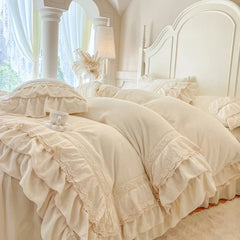 Romantic Three Layer Lace Ruffles Velvet Winter Warm Thickened Princess Bedding Set