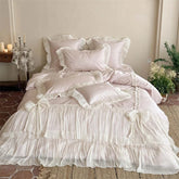 4Pcs Pink Ruffle Bow Lace Princess Wedding Bedding Set