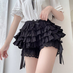Schwarze Lolita-Shorts mit Rüschen und Spitze