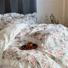 100% Cotton Vintage Countryside Floral Print Ruffle Bedding Set
