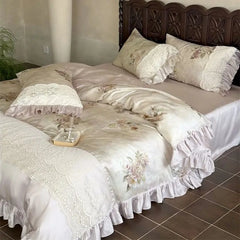 Vintage French Rose Flower Print Lace Bedding Set