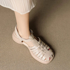 leather cowhide midsole elastic buckle thick sole hollow breathable toe Roman Shoes