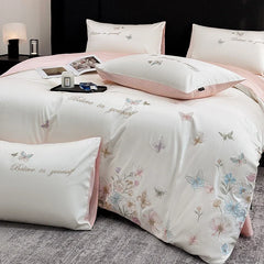 Chic Butterfly Flowers Embroidery 100% Cotton Luxury Bedding Set