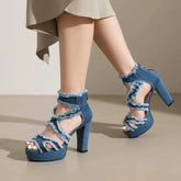 Waterproof Platform Thick Sole Open Toe Denim Back Zipper High Heel