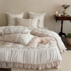 Flowers Embroidery Pleated Ruffles Bedding Set