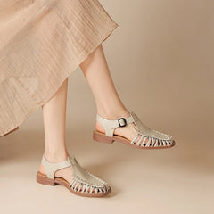 leather cowhide round toe low Heel