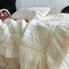 Rose Embossing Quilted Duvet Cover Set Vintage Lace Ruffles Pure Cotton Bedding Set