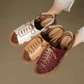 leather sheepskin elastic lace up low Heel
