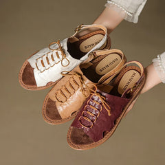 leather sheepskin elastic lace up low Heel