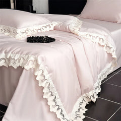 Butterfly Lace Wide Edge Pink Princess Wedding Bedding Set