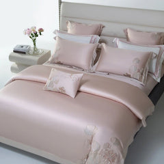 4Pcs Luxury Lotus Flowers Embroidery 1200TC Lyocell Cotton Soft Silky Bedding Set