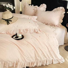 Chic Flowers Embroidery Ruffles Luxury Bedding Set