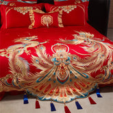 Chinese Style Wedding Gold Dragon Phoenix Embroidery 100S Egyptian Cotton Bedding Set