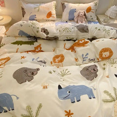 Kawaii Duvet Cover Set Cartoon Printed with Zipper Bed Sheet Pillowcases No Filler Twin Queen Size Adult Kids Bedding Linens
