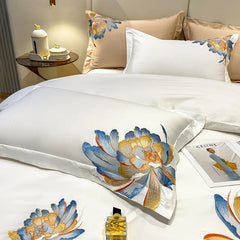 Luxury 1000TC Egyptian Cotton 4Pcs Bedding Set, Flower Embroidery Soft Hotel Grade Duvet Cover & Sheet Set With Pillowcases