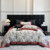 Luxury 600TC Egyptian Cotton Floral Bedding Set, Elegant Flower Duvet Cover Set with Contrast Border, Bed Sheet Pillowcases 4Pcs