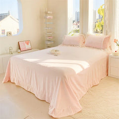 Pink Rose Flowers Short Plush Lace Ruffles Princess Bedding Set