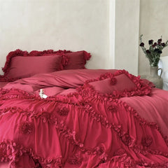 Romantic Lace Ruffles Flowers Princess Wedding Bedding Set