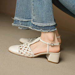 sheepskin woven hollow breathable retro high Heels