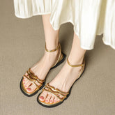 Leather Cowhide Metal Accessories with Elastic Buckle Round Toe Open Toe Shoes