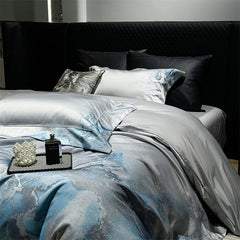 1000TC Egyptian Cotton Blue Grey Abstract Marble Brocade Jacquard Luxury Bedding Set