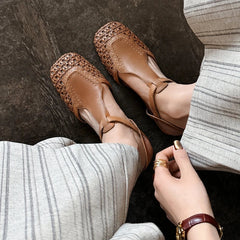 Leather Cowhide Square Toe Retro Low Heel