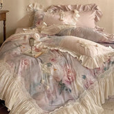 Vintage French Oil Painting Style Floral Print Chiffon Lace Bedding Set