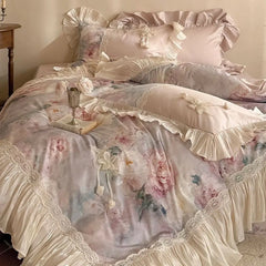 Vintage French Oil Painting Style Floral Print Chiffon Lace Bedding Set
