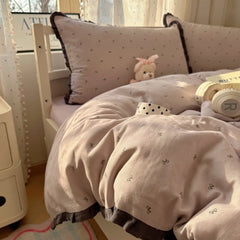 French Style Lace Trim Washed Cotton 4 Piece Bedding Set
