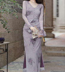 Conjunto de malla Whimsigoth de 2 piezas con estampado de rosas violetas