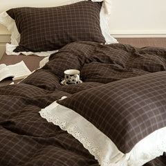 Vintage Plaid Style Lace Ruffles 100% Cotton Soft Comfortable Bedding Set