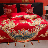 Luxury Chinese Style Wedding Dragon Phoenix Embroidery Red Bedding Set