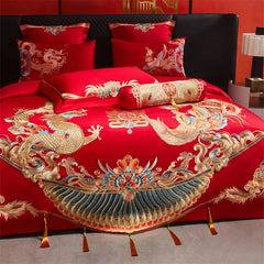 Luxury Chinese Style Wedding Dragon Phoenix Embroidery Red Bedding Set