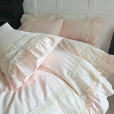Pink Vintage Double Layer Lace Ruffles 100% Cotton Bedding Set