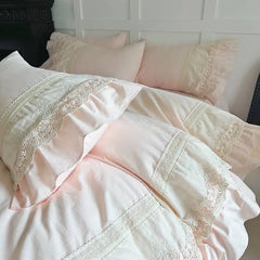 Pink Vintage Double Layer Lace Ruffles 100% Cotton Bedding Set