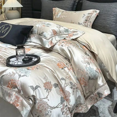 1000TC Egyptian Cotton Blooming Flower Satin Silky Brocade Jacquard Luxury Bedding Set